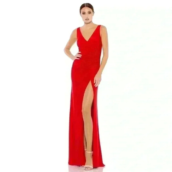 Ieena for Mac Duggal Ruched Stretch Jersey V-neck Gown NWT Size 0 MSRP $298 - Picture 1 of 3
